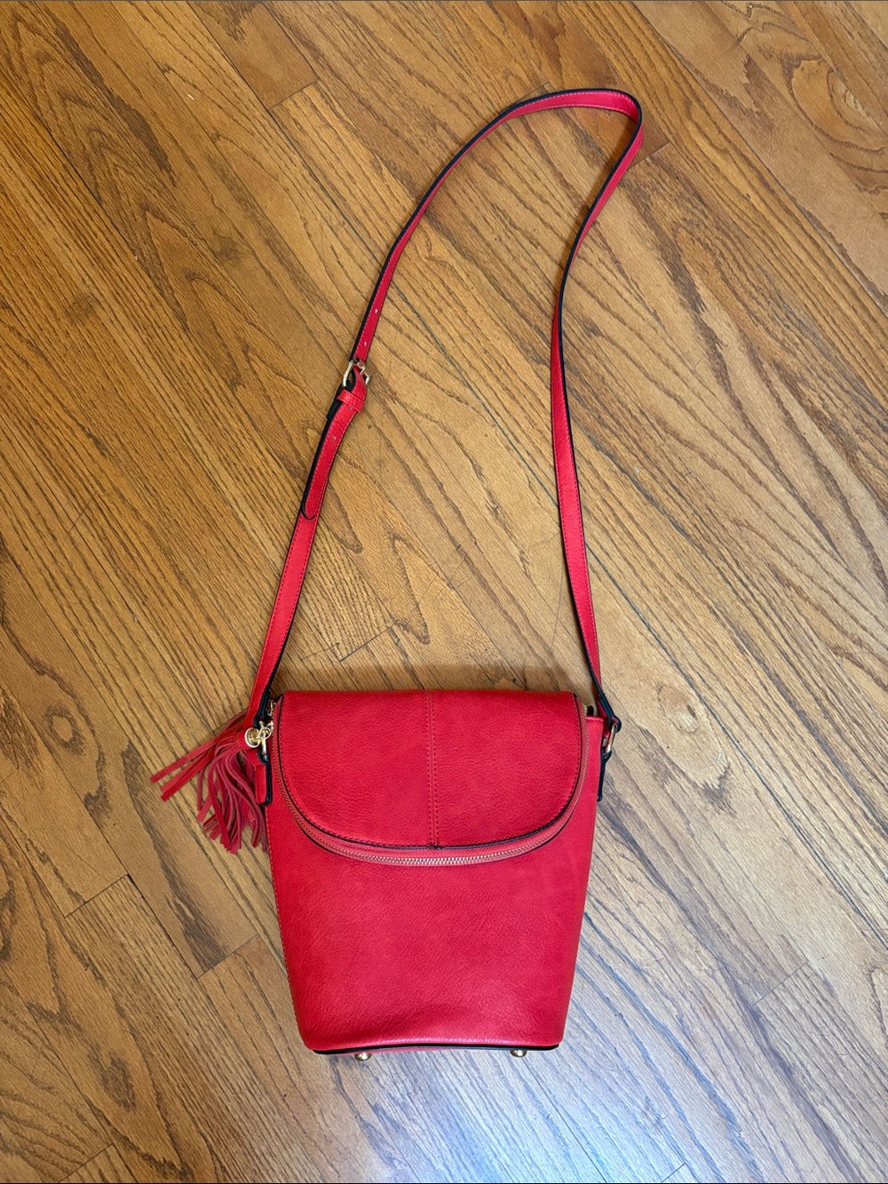 Compact Red Crossbody Shoulder Bag with Tassel Accent